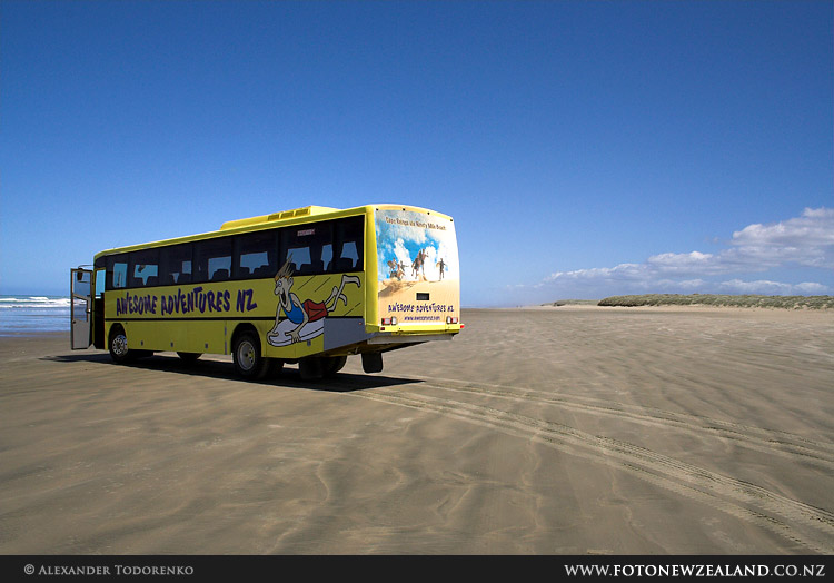 Awesome Adventures bus, 90 Mile Beach, New Zealand
