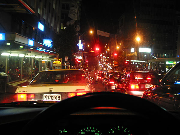 Cars at traffic lighs on new year's eve night, view from the car, Auckland, New Zealand