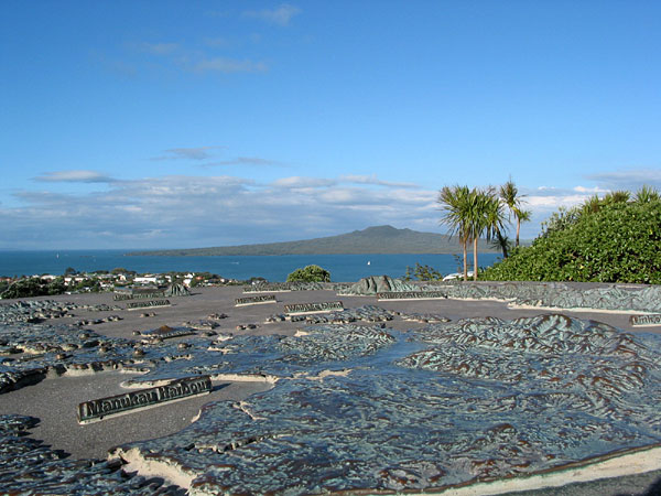 Rangitoto Island and a map in bronze, Auckland, New Zealand