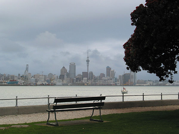 A bench in Devonport with sea and Auckland views, Auckland, New Zealand