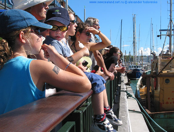 America's Cup fans waiting for the boats back from the race, America's Cup Village, Auckland, New Zealand