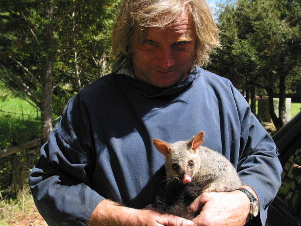 Roger and opossum Skungy, Motorcycle and Pioneering Museum, Bay of Islands, New Zealand