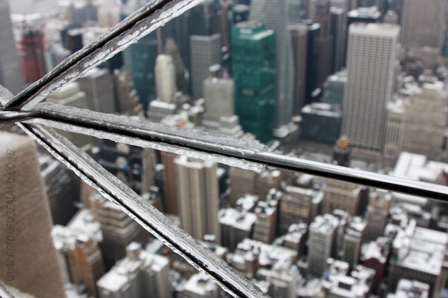 Iced barriers at the observation deck of the Empire State Building