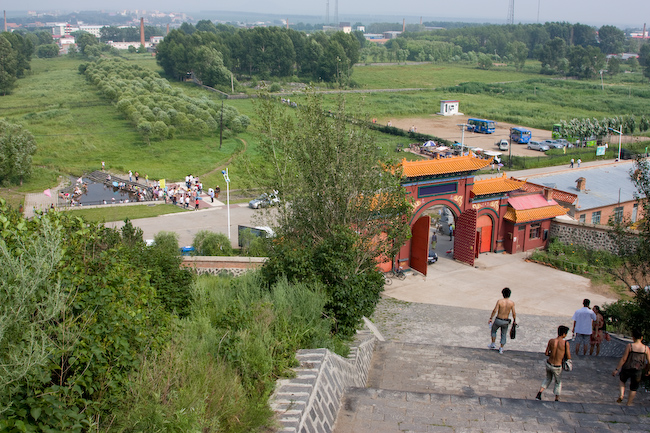Chinese gateway and stairs to Buddha in Wudalianchi