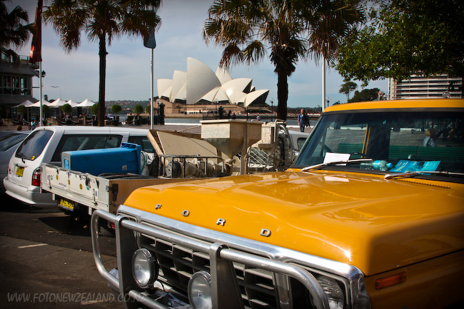 Bright yellow Ford truck at Sydney waterfront
